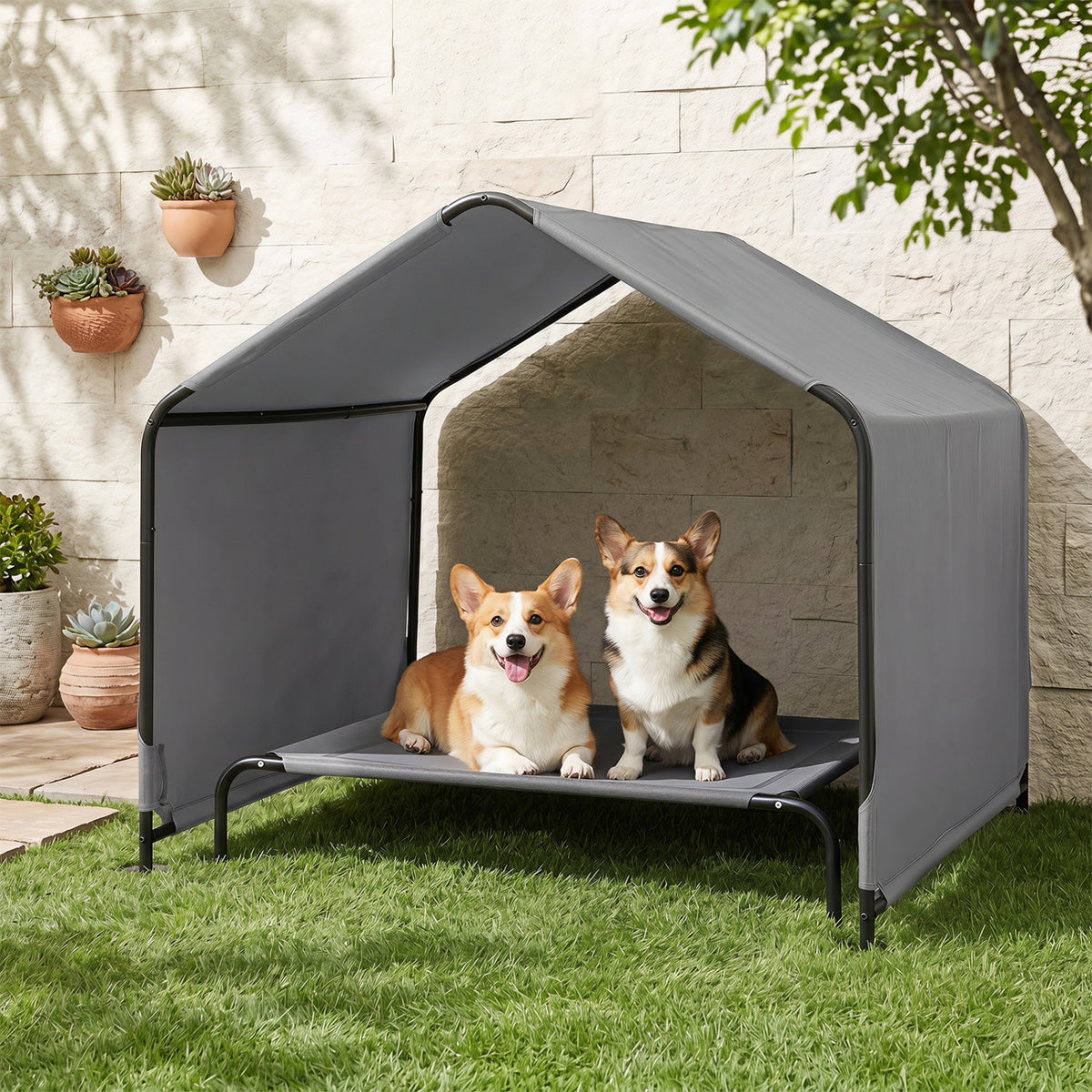 Outdoor Dog Shade Shelter with Waterproof Roof and Ground Stakes for Deck-Gray view 5