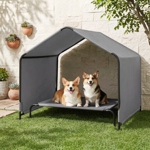 Outdoor Dog Shade Shelter with Waterproof Roof and Ground Stakes for Deck-Gray view 5
