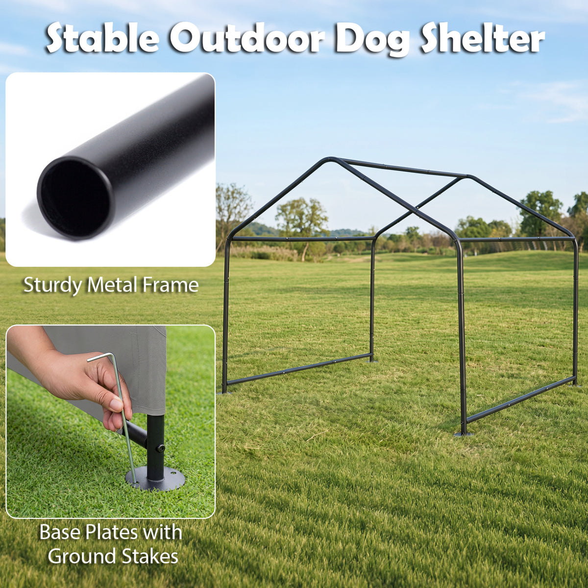 Outdoor Dog Shade Shelter with Waterproof Roof and Ground Stakes for Deck-Gray view 7