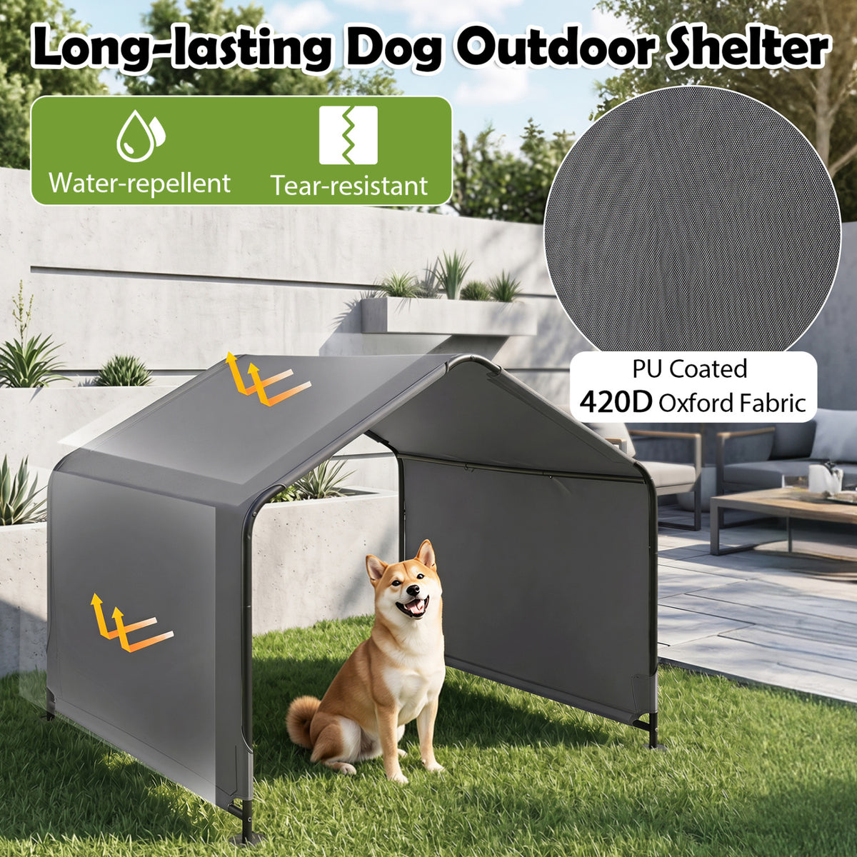 Outdoor Dog Shade Shelter with Waterproof Roof and Ground Stakes for Deck-Gray view 8