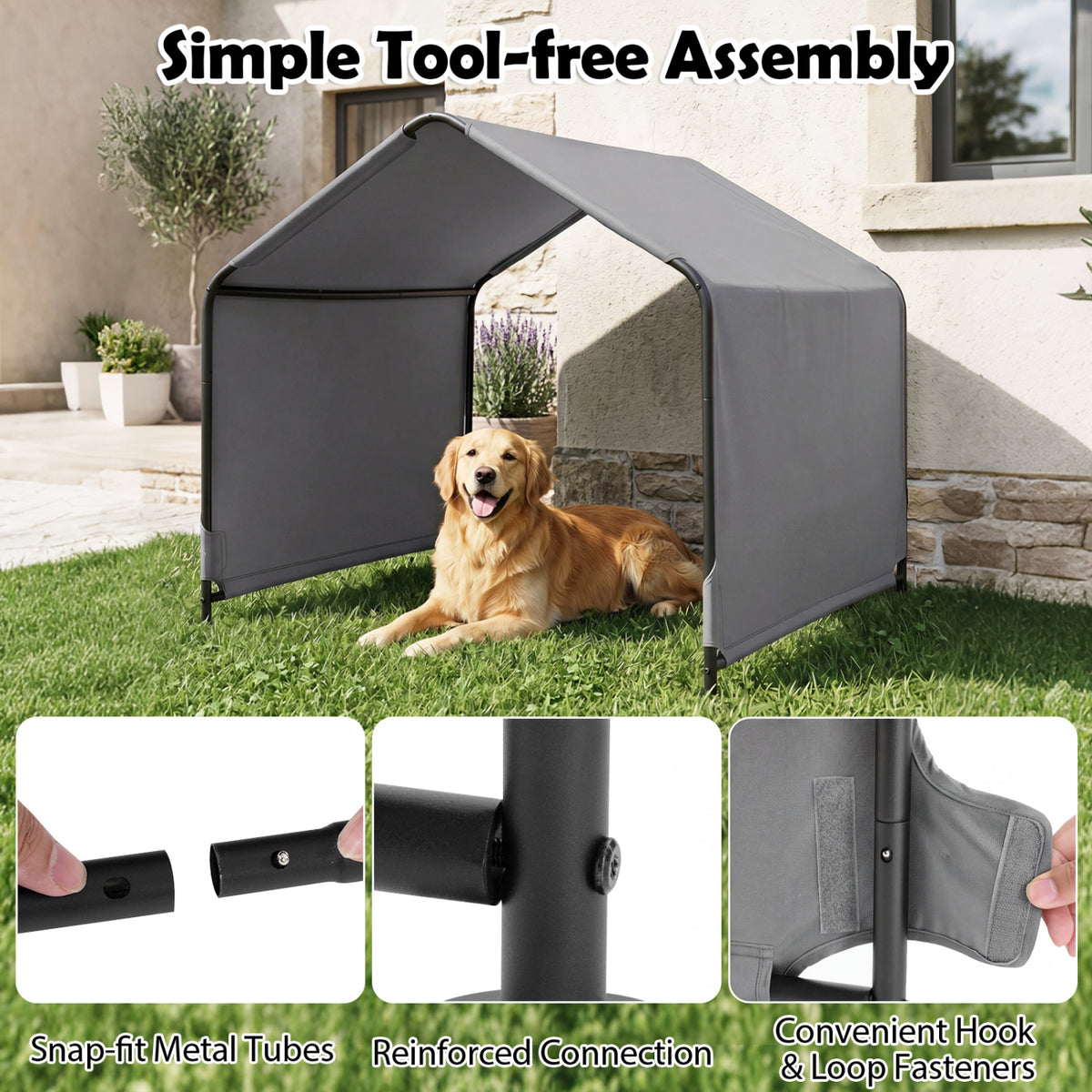 Outdoor Dog Shade Shelter with Waterproof Roof and Ground Stakes for Deck-Gray view 9