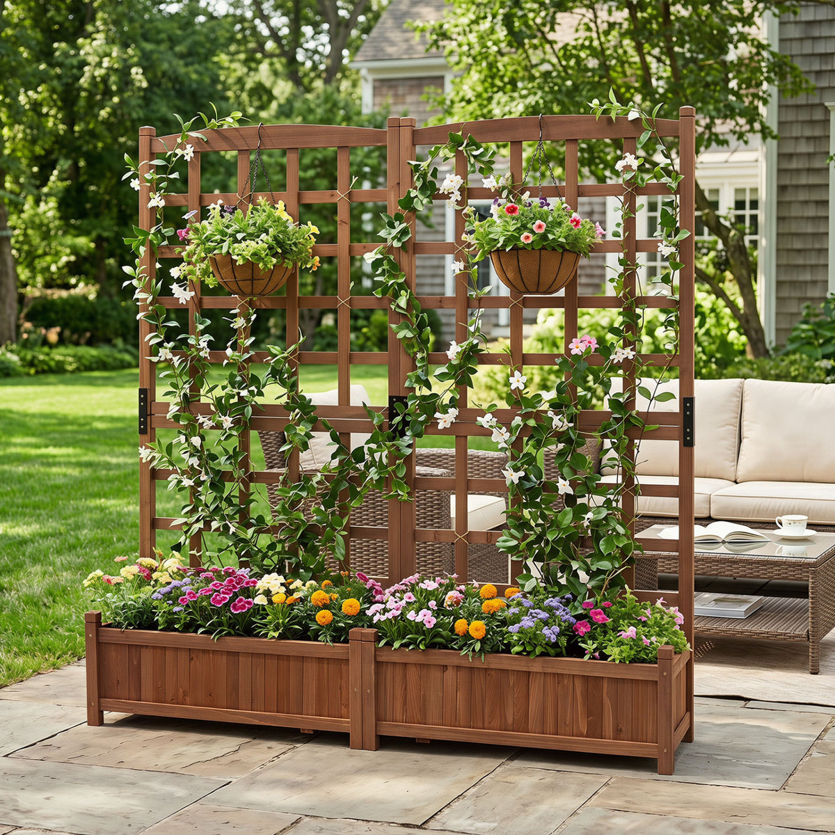 Outdoor Dual Wooden Raised Garden Bed with Trellis and Drainage Holes-Rustic Brown view 2