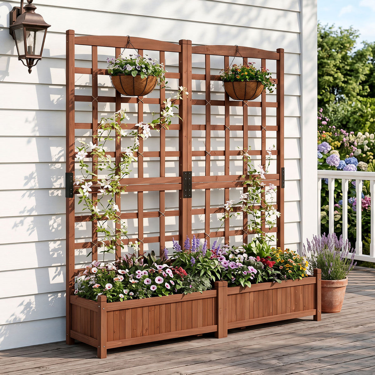 Outdoor Dual Wooden Raised Garden Bed with Trellis and Drainage Holes-Rustic Brown view 3