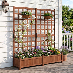 Outdoor Dual Wooden Raised Garden Bed with Trellis and Drainage Holes-Rustic Brown view 3