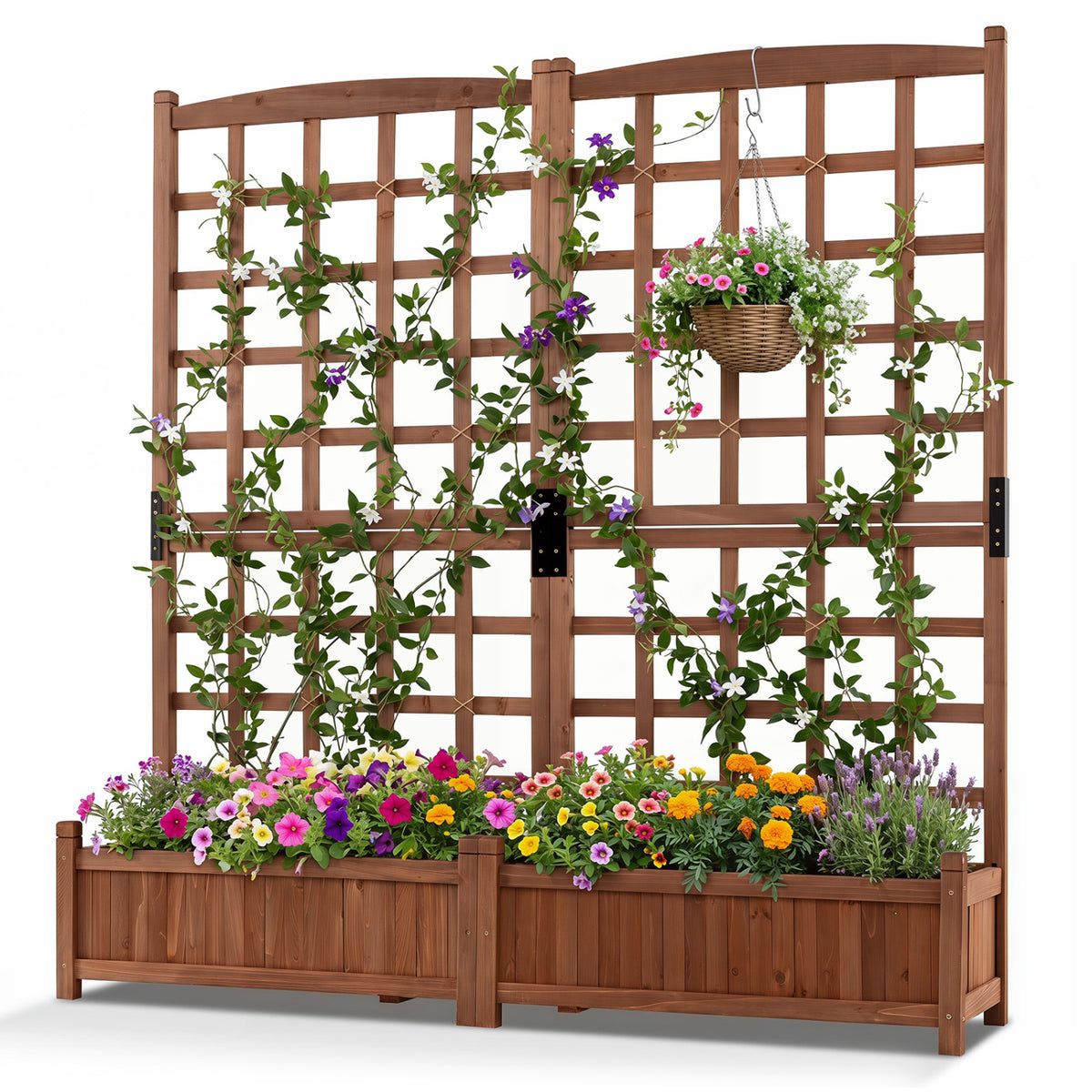 Outdoor Dual Wooden Raised Garden Bed with Trellis and Drainage Holes-Rustic Brown view 4