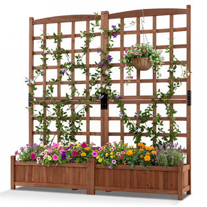 Outdoor Dual Wooden Raised Garden Bed with Trellis and Drainage Holes-Rustic Brown view 4