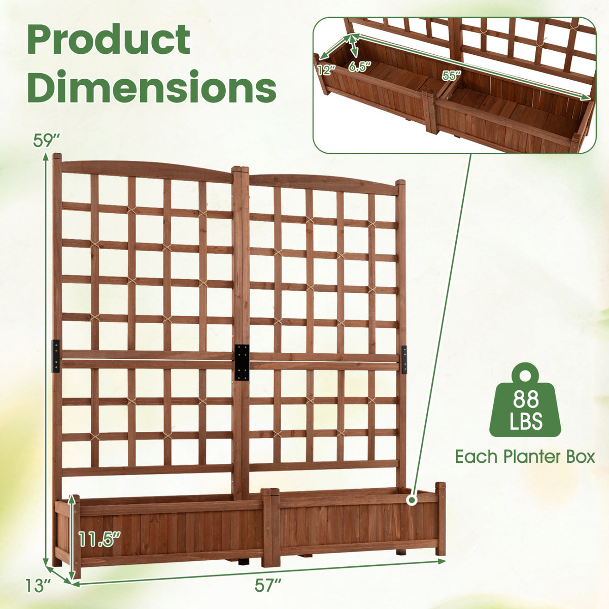 Outdoor Dual Wooden Raised Garden Bed with Trellis and Drainage Holes-Rustic Brown view 5