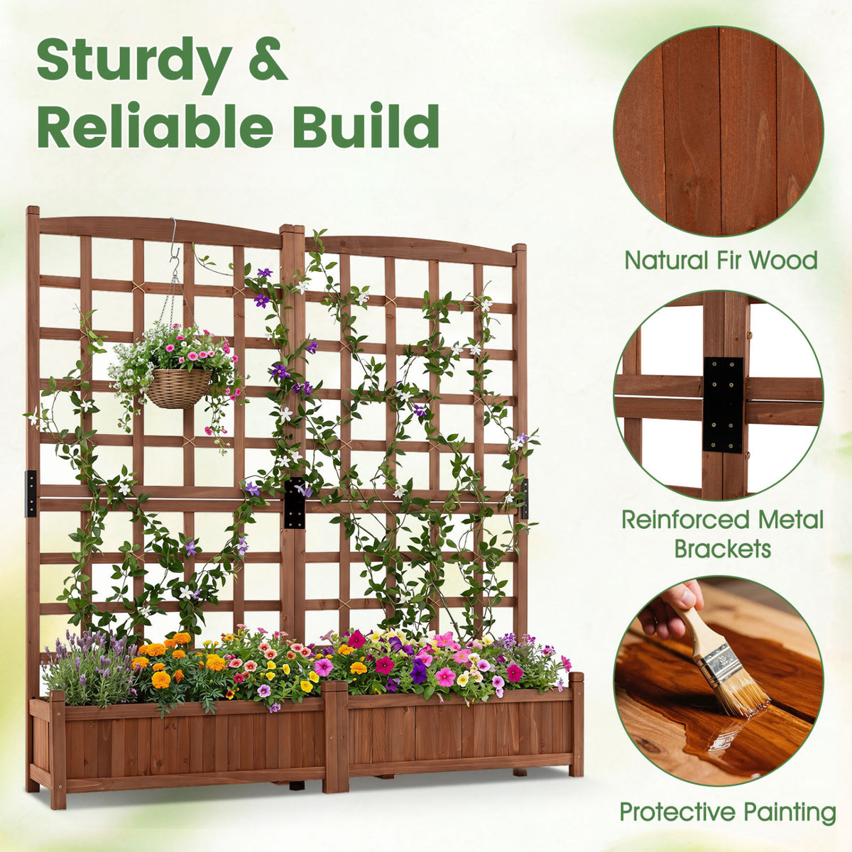Outdoor Dual Wooden Raised Garden Bed with Trellis and Drainage Holes-Rustic Brown view 6