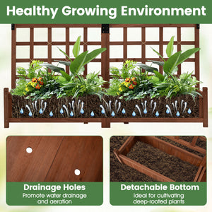 Outdoor Dual Wooden Raised Garden Bed with Trellis and Drainage Holes-Rustic Brown view 7