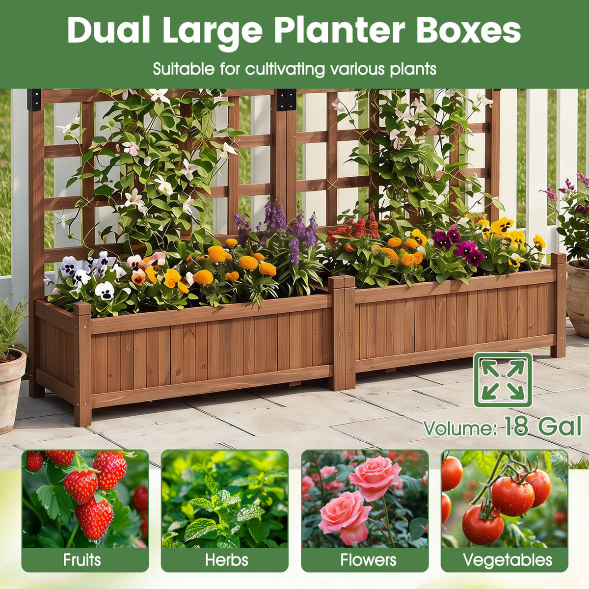 Outdoor Dual Wooden Raised Garden Bed with Trellis and Drainage Holes-Rustic Brown view 8