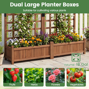 Outdoor Dual Wooden Raised Garden Bed with Trellis and Drainage Holes-Rustic Brown view 8