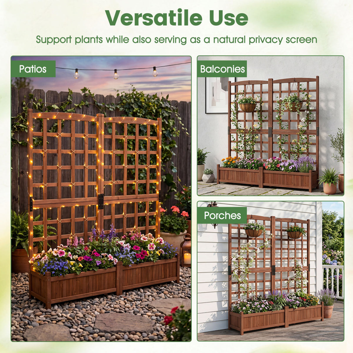 Outdoor Dual Wooden Raised Garden Bed with Trellis and Drainage Holes-Rustic Brown view 9