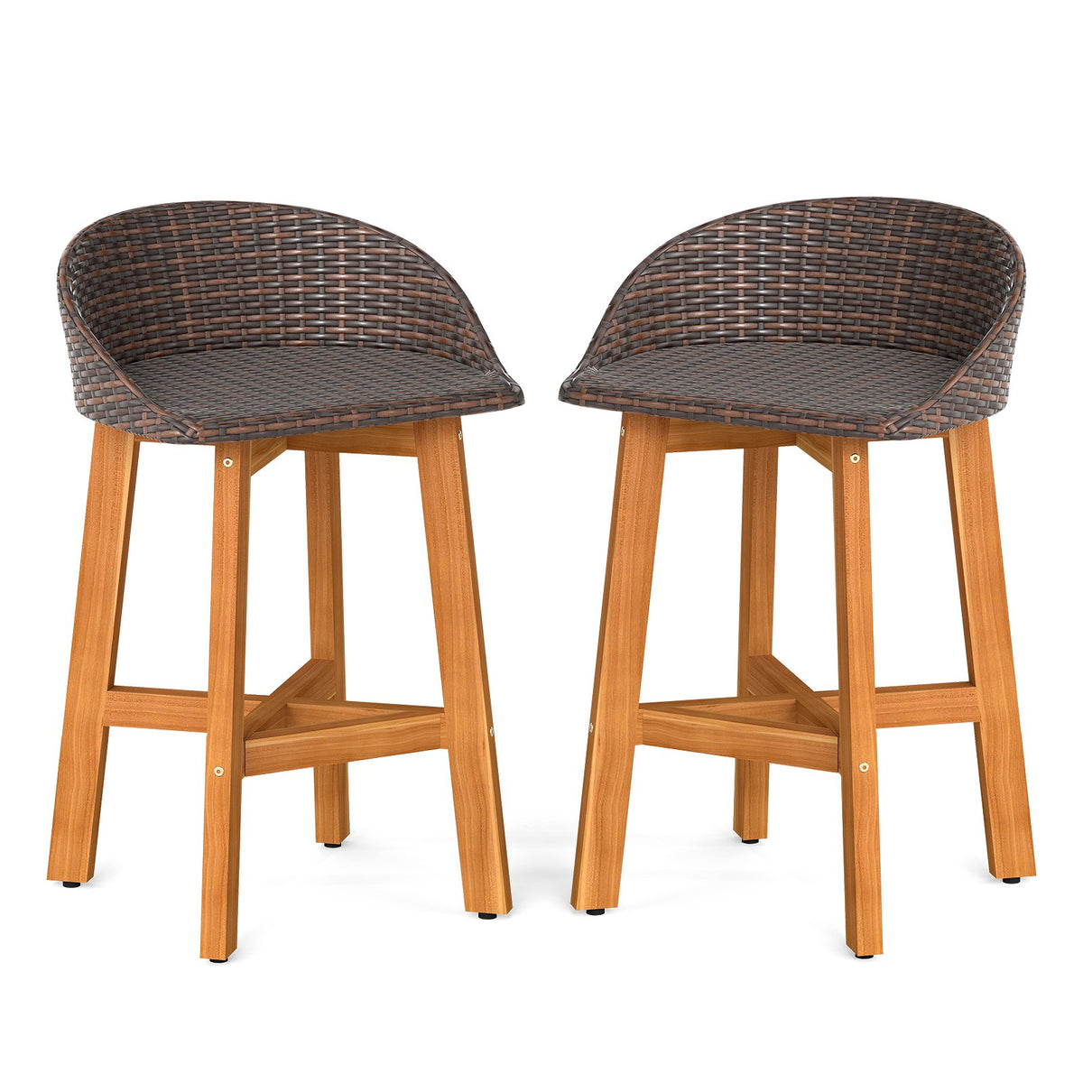 Outdoor Faux Rattan Bar Chairs Set of 2 with Ergonomic Backrests and Footrests-Brown