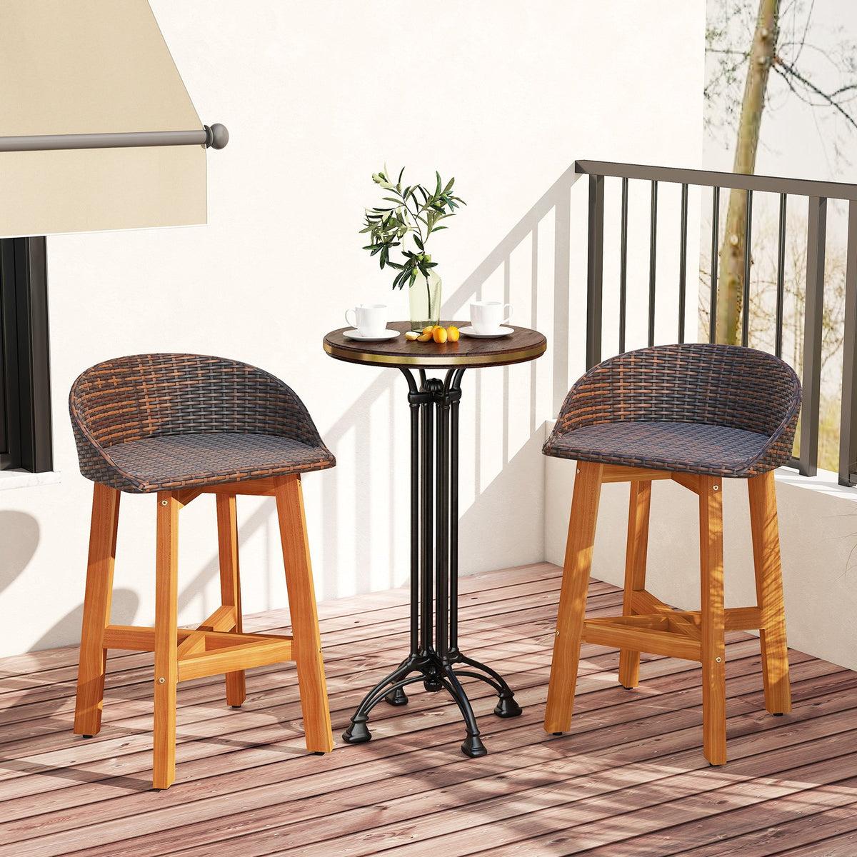 Outdoor Faux Rattan Bar Chairs Set of 2 with Ergonomic Backrests and Footrests-Brown view 2