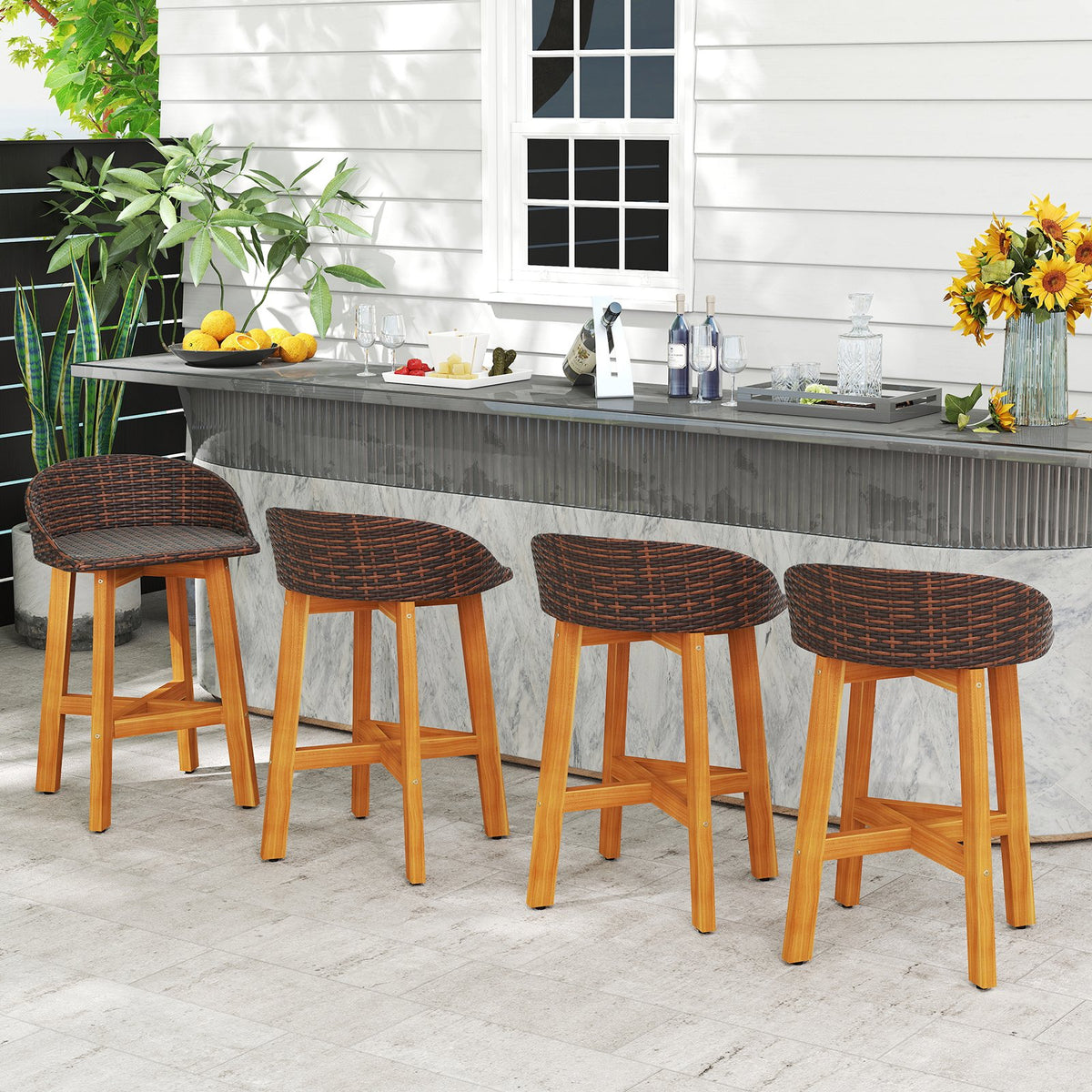 Outdoor Faux Rattan Bar Chairs Set of 2 with Ergonomic Backrests and Footrests-Brown view 3