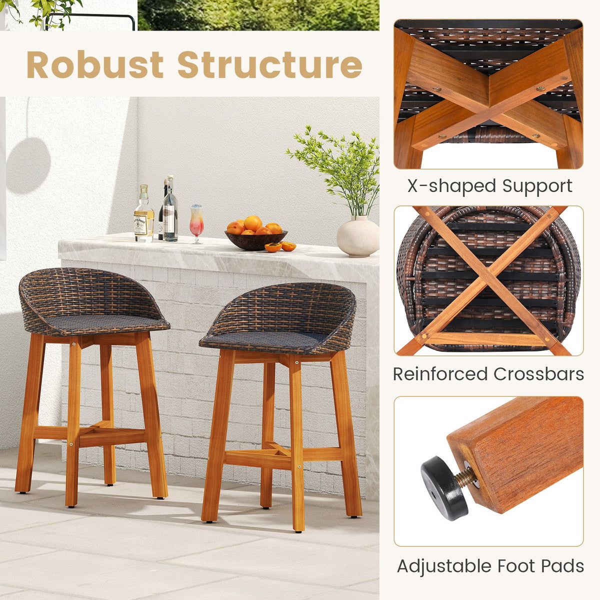 Outdoor Faux Rattan Bar Chairs Set of 2 with Ergonomic Backrests and Footrests-Brown view 6