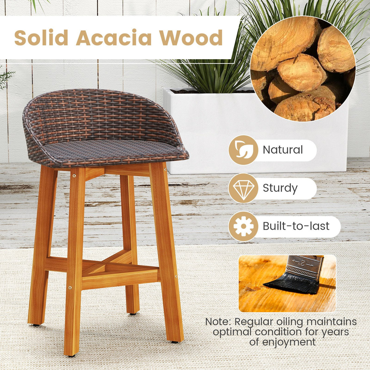 Outdoor Faux Rattan Bar Chairs Set of 2 with Ergonomic Backrests and Footrests-Brown view 9