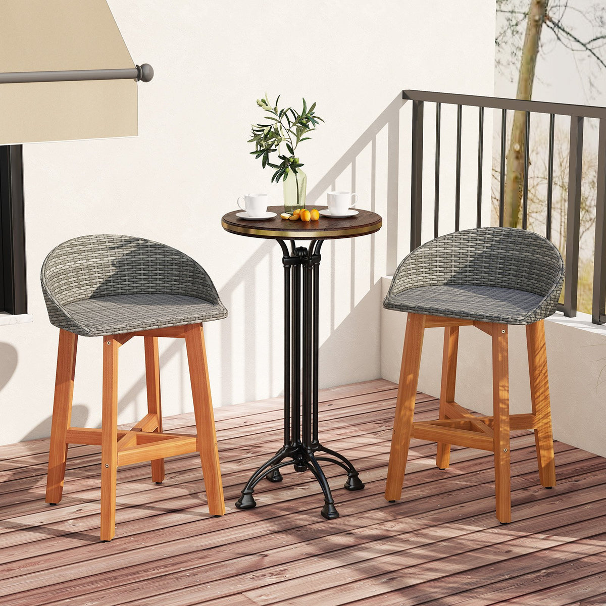 Outdoor Faux Rattan Bar Chairs Set of 2 with Ergonomic Backrests and Footrests-Gray view 2