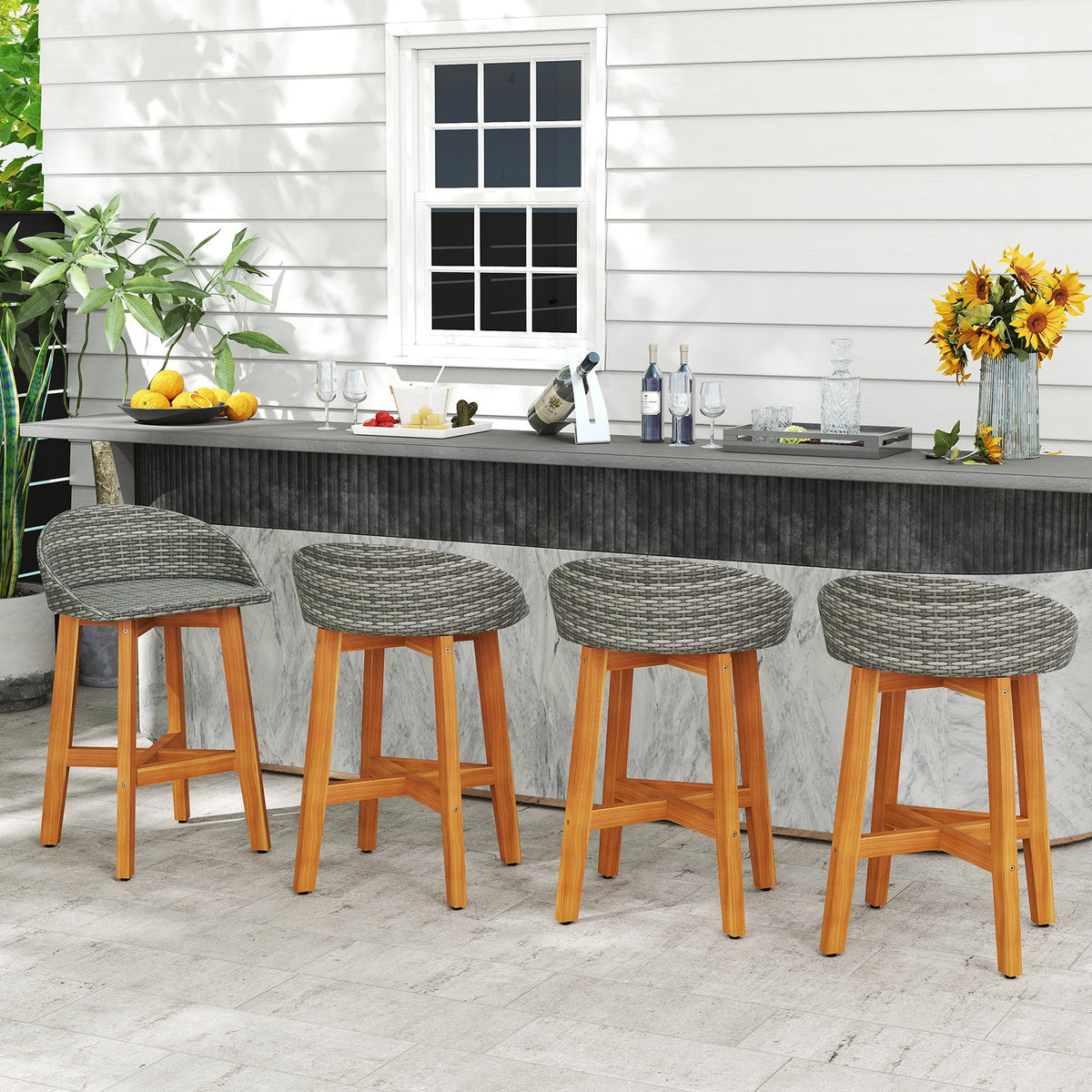 Outdoor Faux Rattan Bar Chairs Set of 2 with Ergonomic Backrests and Footrests-Gray view 3