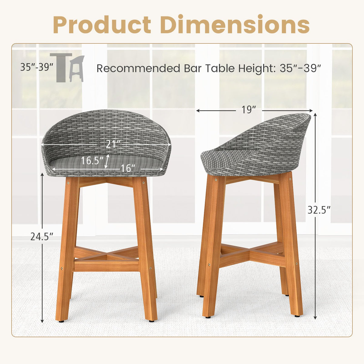 Outdoor Faux Rattan Bar Chairs Set of 2 with Ergonomic Backrests and Footrests-Gray view 4