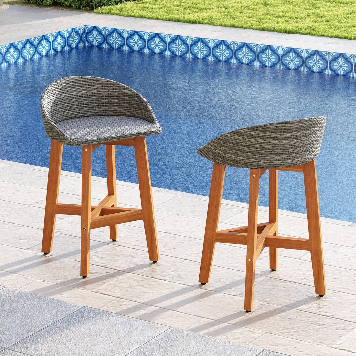 Outdoor Faux Rattan Bar Chairs Set of 2 with Ergonomic Backrests and Footrests-Gray view 5