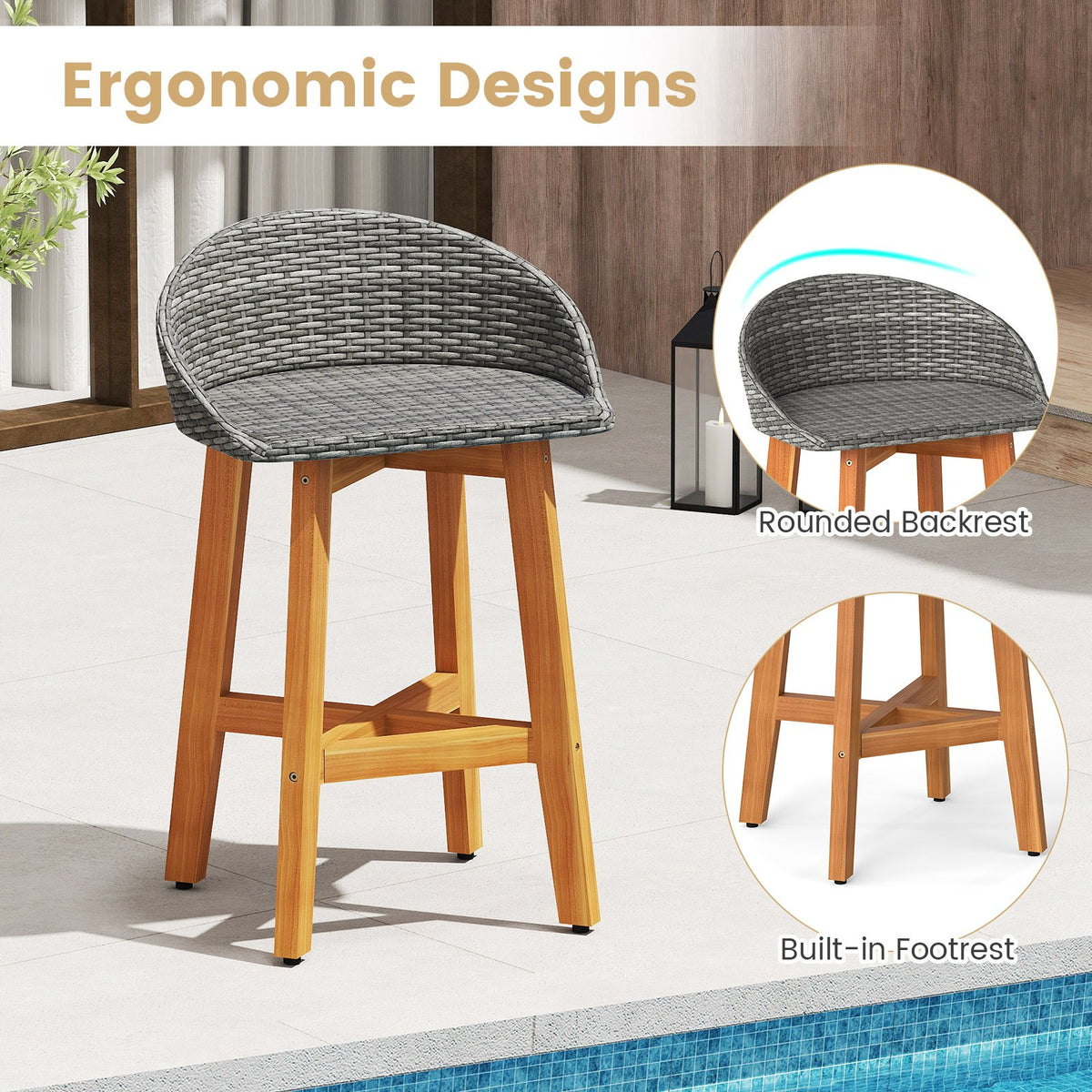 Outdoor Faux Rattan Bar Chairs Set of 2 with Ergonomic Backrests and Footrests-Gray view 7
