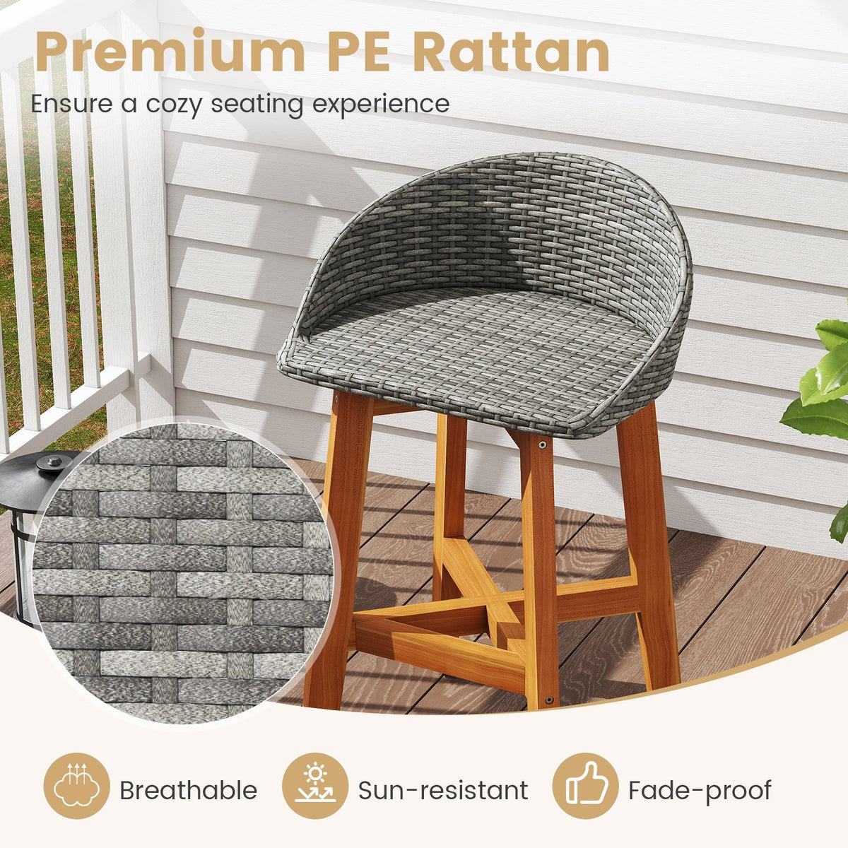 Outdoor Faux Rattan Bar Chairs Set of 2 with Ergonomic Backrests and Footrests-Gray view 8