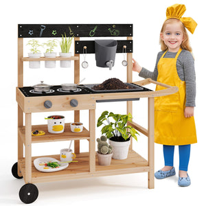 Outdoor Fir Wood Play Kitchen with Blackboard and Planting Pots-Natural view 3