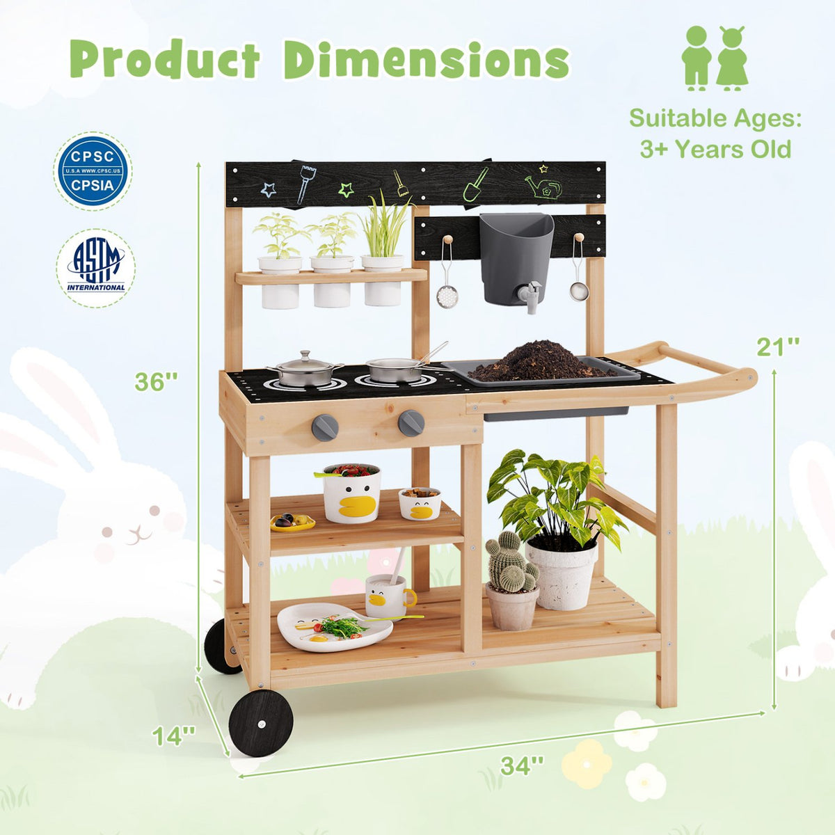 Outdoor Fir Wood Play Kitchen with Blackboard and Planting Pots-Natural view 4