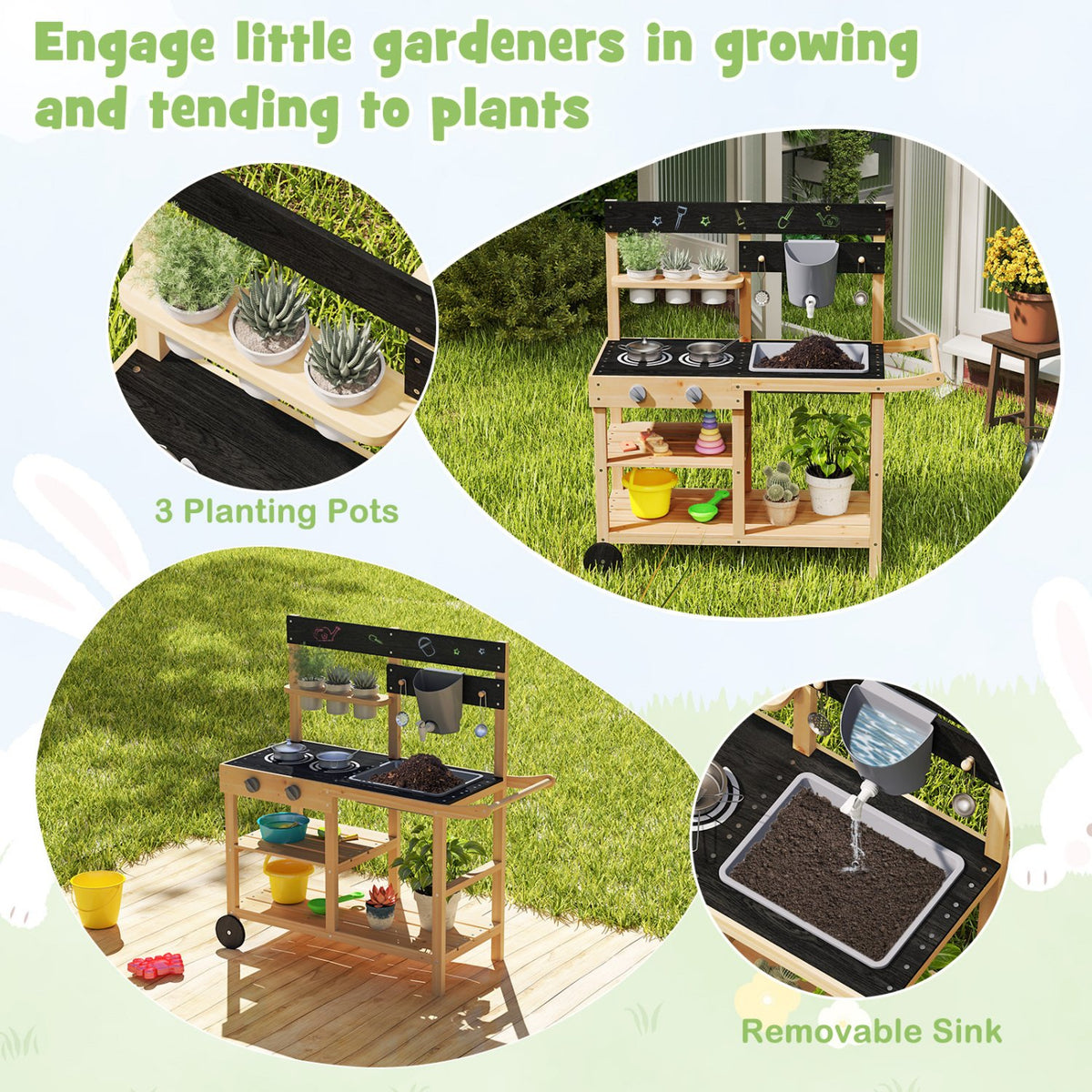 Outdoor Fir Wood Play Kitchen with Blackboard and Planting Pots-Natural view 6