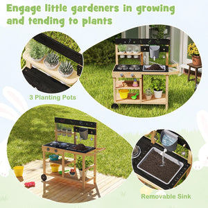 Outdoor Fir Wood Play Kitchen with Blackboard and Planting Pots-Natural view 6