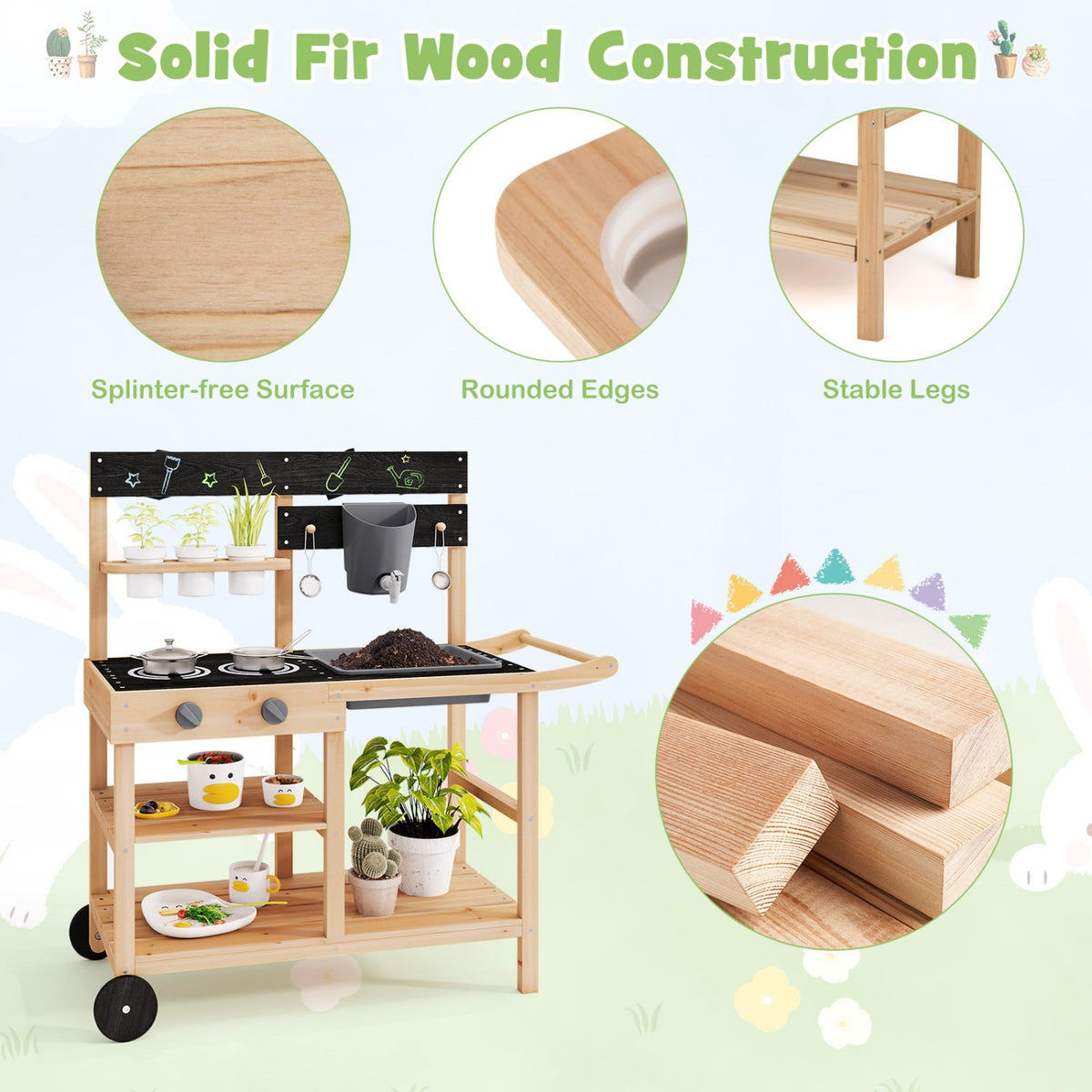 Outdoor Fir Wood Play Kitchen with Blackboard and Planting Pots-Natural view 7