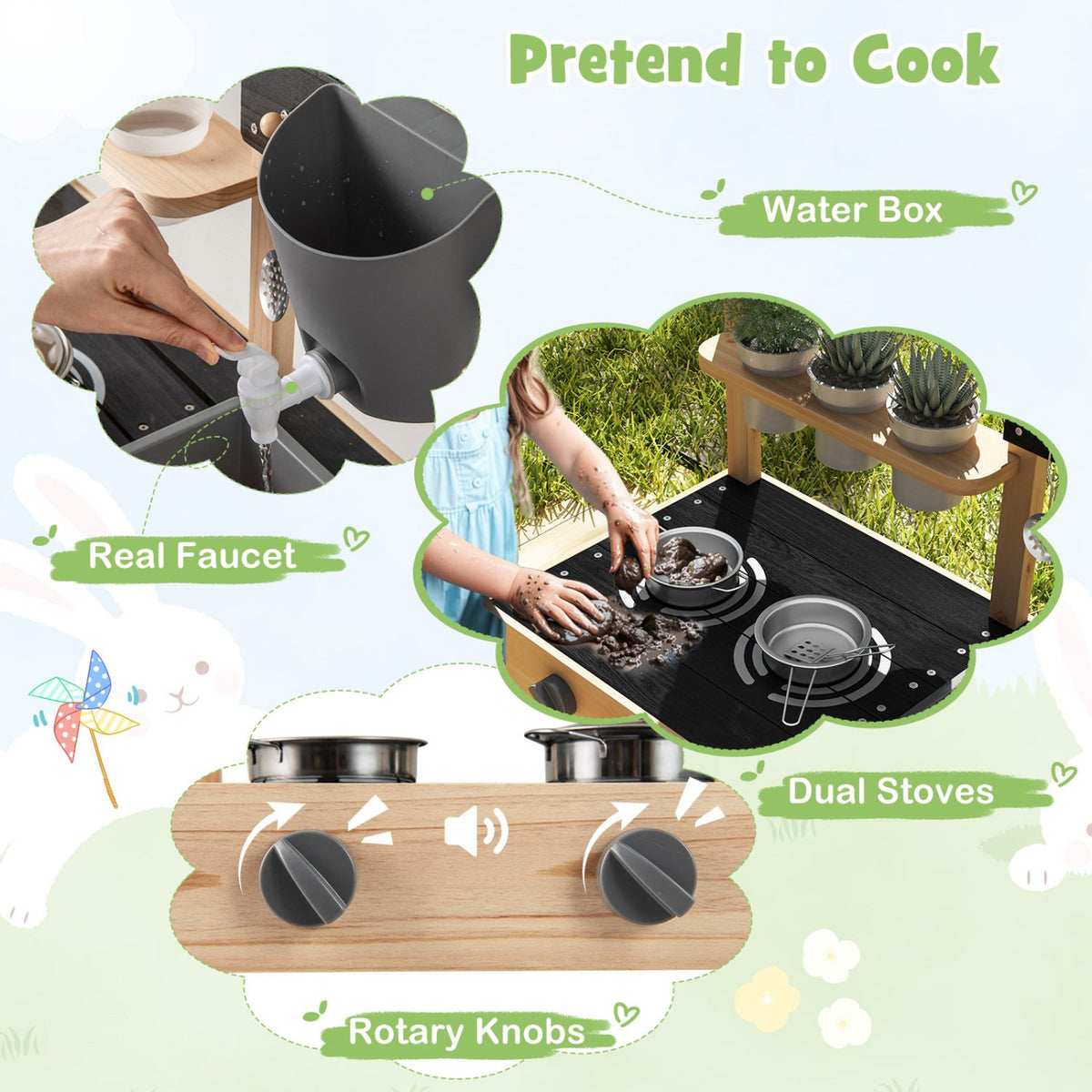Outdoor Fir Wood Play Kitchen with Blackboard and Planting Pots-Natural view 8