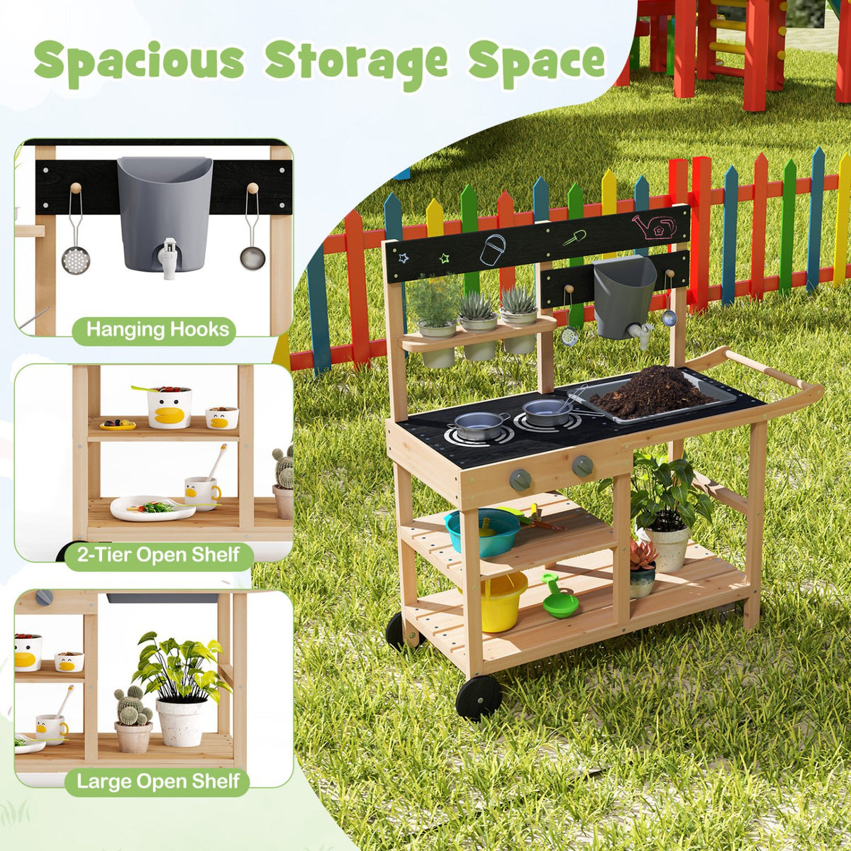 Outdoor Fir Wood Play Kitchen with Blackboard and Planting Pots-Natural view 9