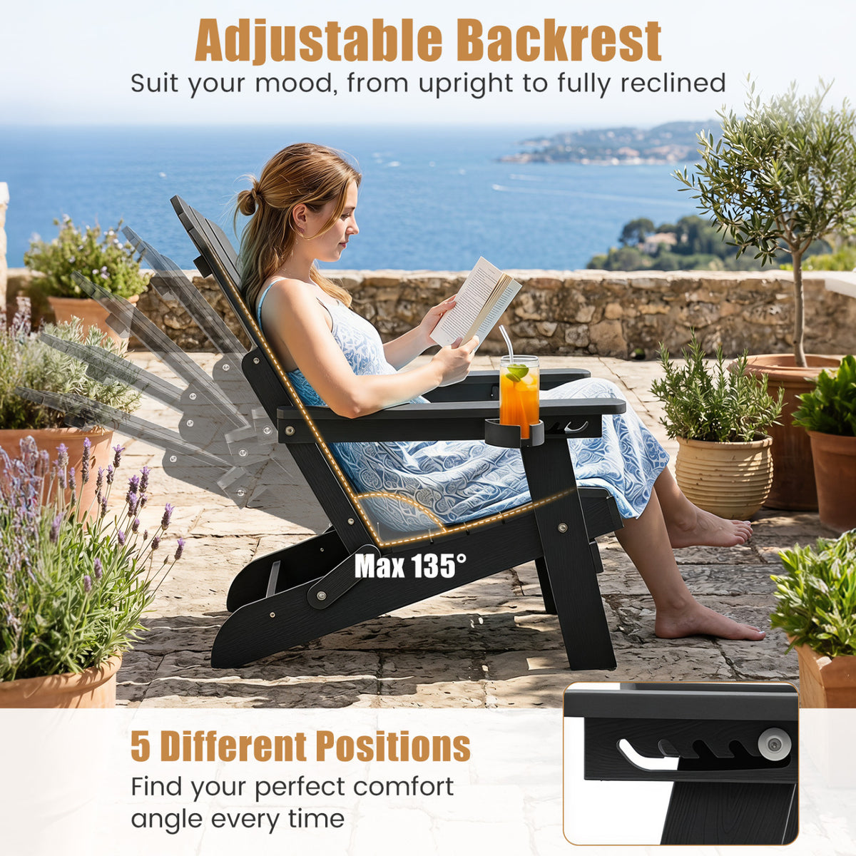 Outdoor Folding Adirondack Chair with Cup Holder and 5-Level Backrest-Black view 5