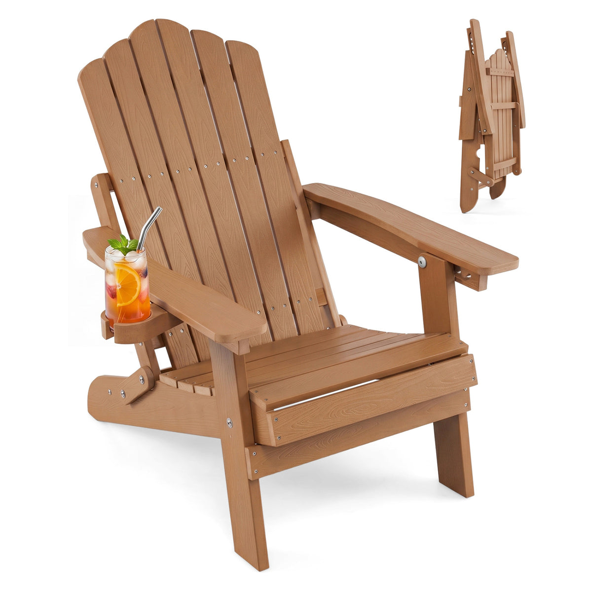 Outdoor Folding Adirondack Chair with Cup Holder and 5-Level Backrest-Coffee