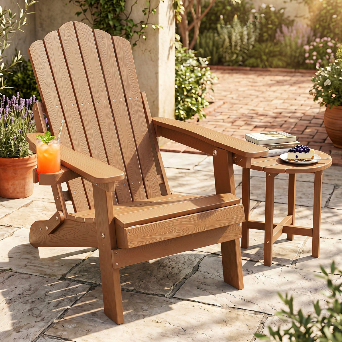 Outdoor Folding Adirondack Chair with Cup Holder and 5-Level Backrest-Coffee view 2