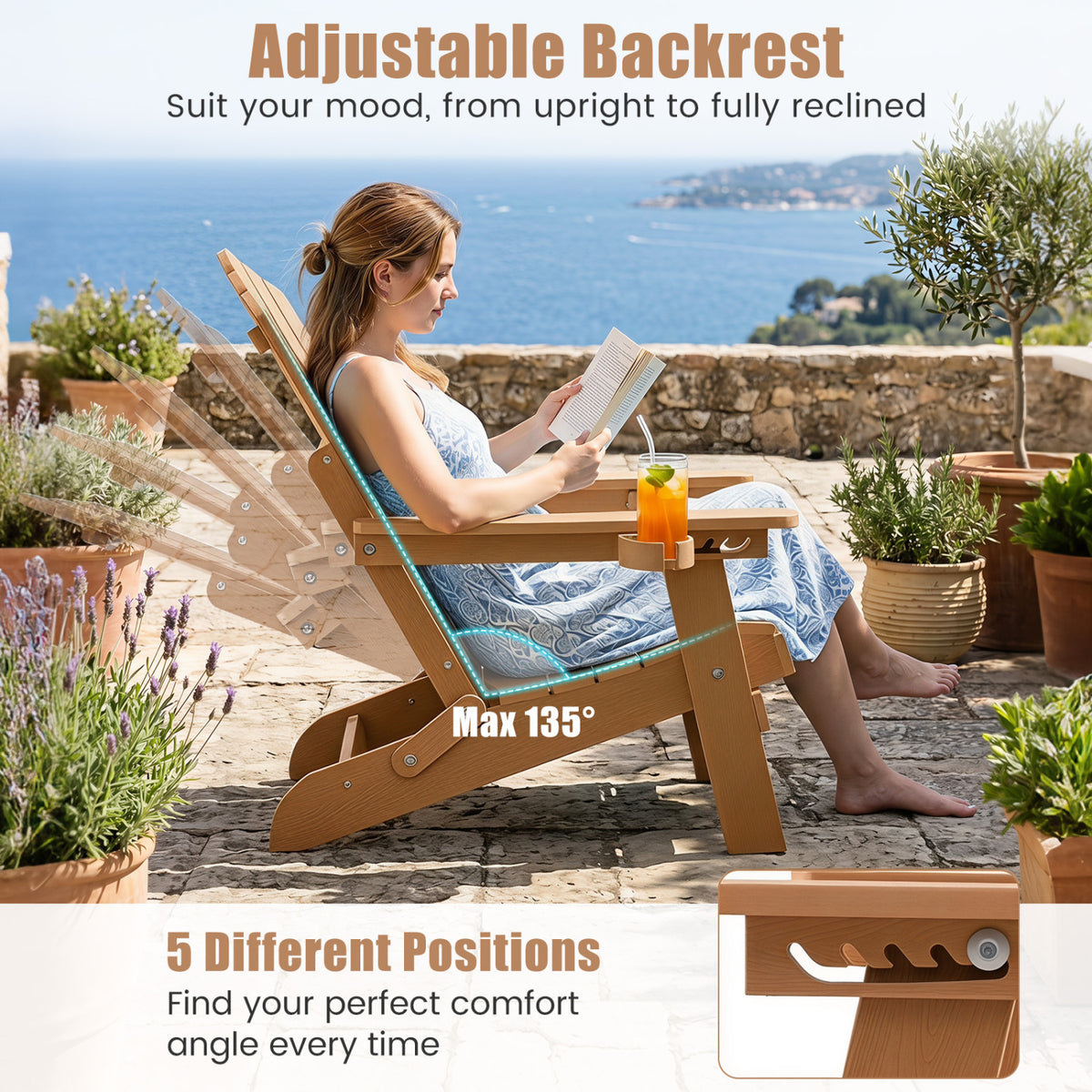 Outdoor Folding Adirondack Chair with Cup Holder and 5-Level Backrest-Coffee view 5