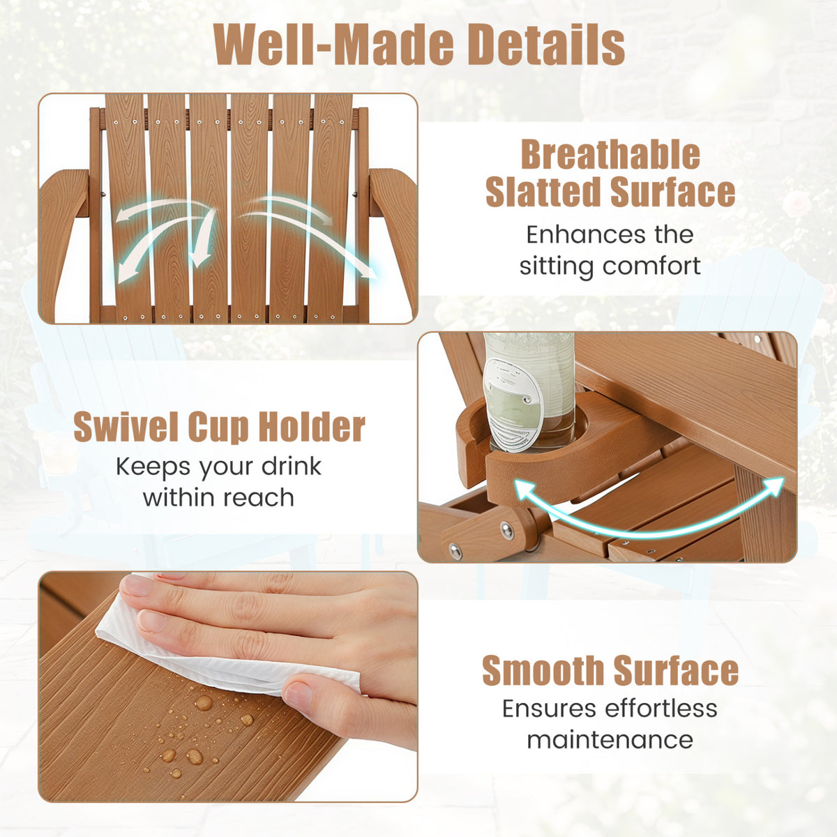 Outdoor Folding Adirondack Chair with Cup Holder and 5-Level Backrest-Coffee view 8