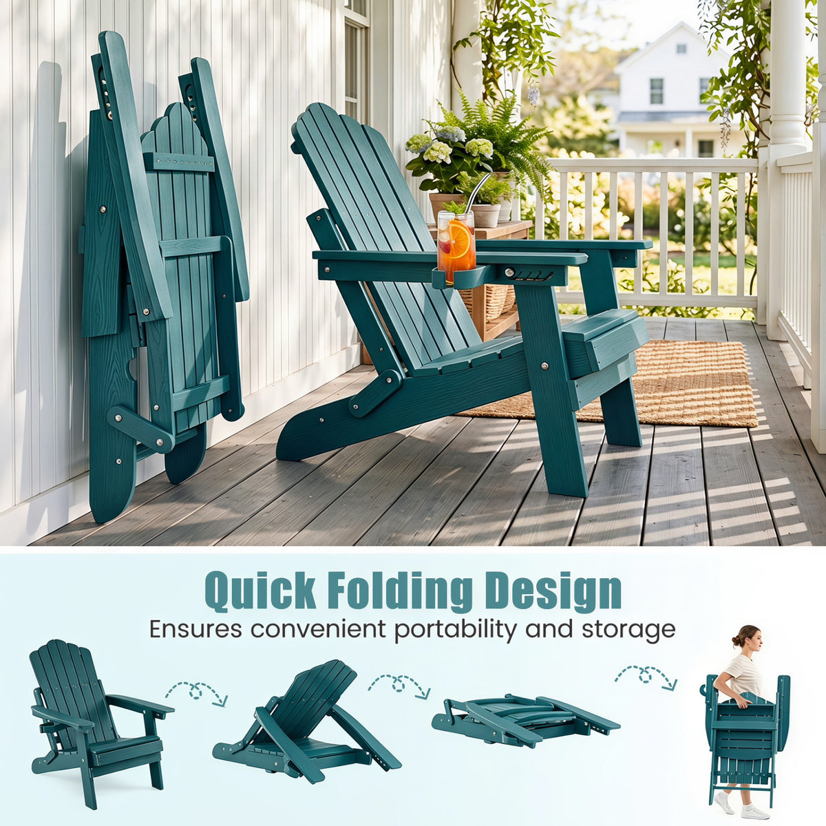 Outdoor Folding Adirondack Chair with Cup Holder and 5-Level Backrest-Green view 7