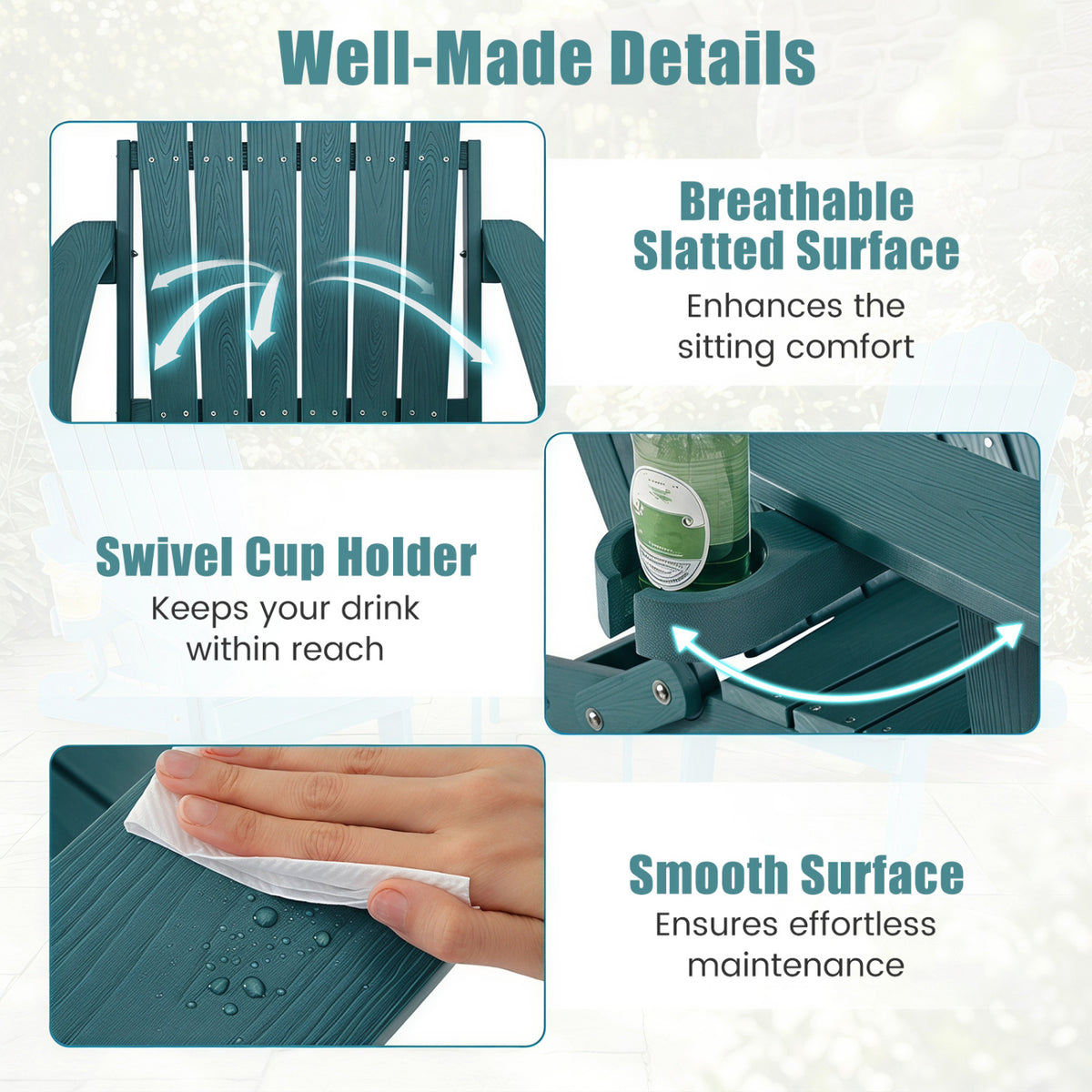 Outdoor Folding Adirondack Chair with Cup Holder and 5-Level Backrest-Green view 8