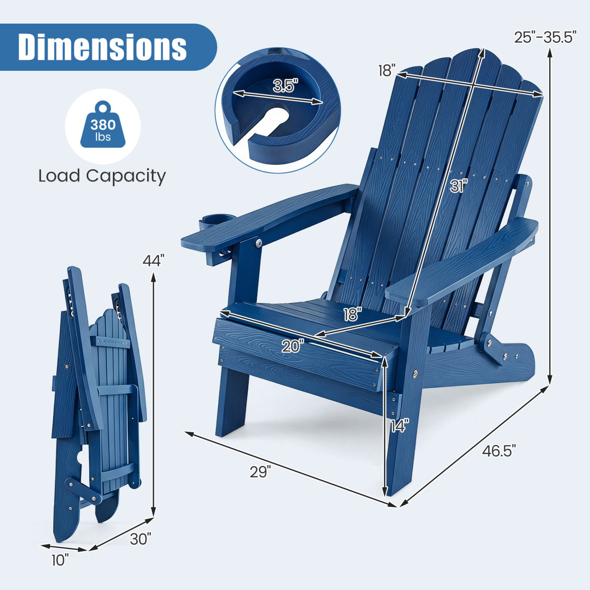 Outdoor Folding Adirondack Chair with Cup Holder and 5-Level Backrest-Navy view 4