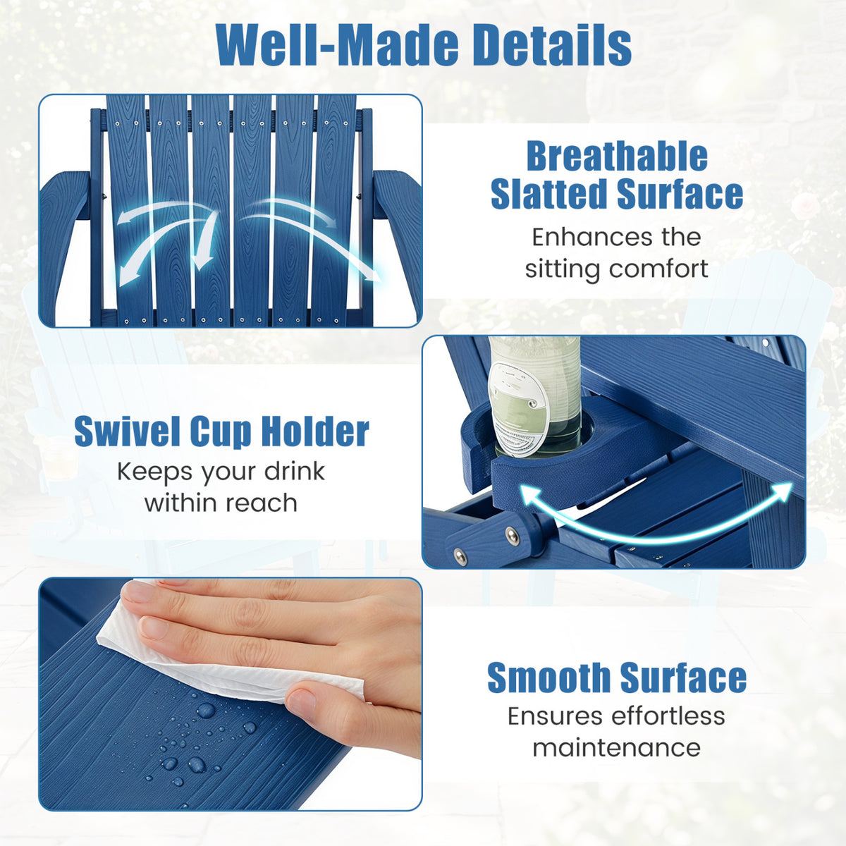 Outdoor Folding Adirondack Chair with Cup Holder and 5-Level Backrest-Navy view 8