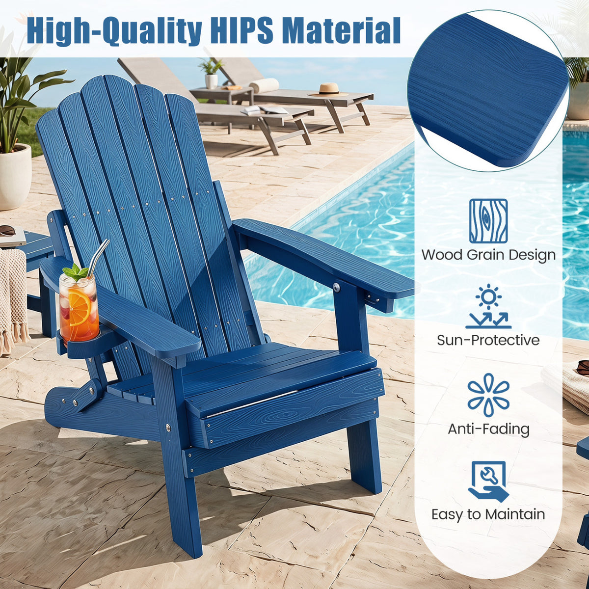 Outdoor Folding Adirondack Chair with Cup Holder and 5-Level Backrest-Navy view 9