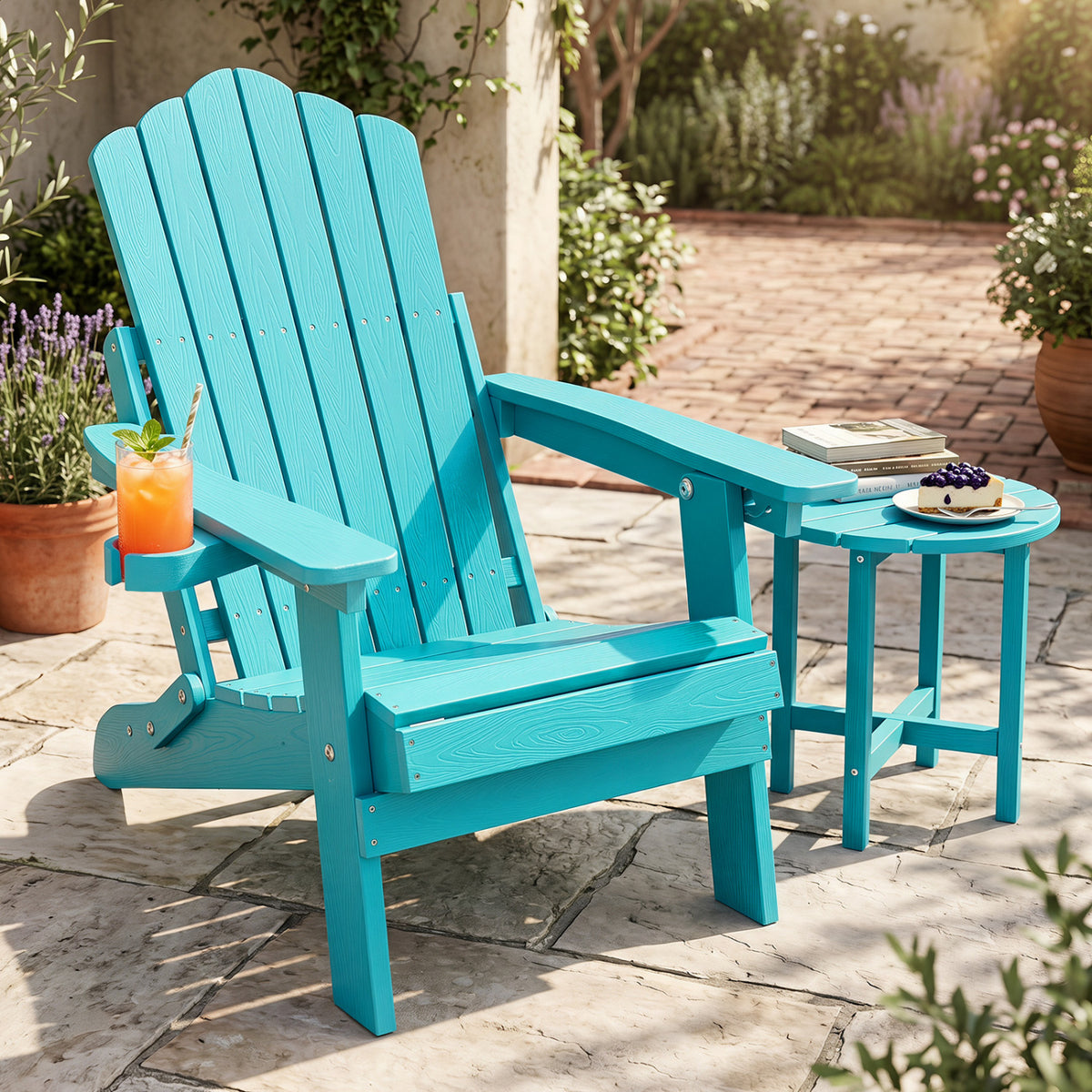 Outdoor Folding Adirondack Chair with Cup Holder and 5-Level Backrest-Turquoise view 2