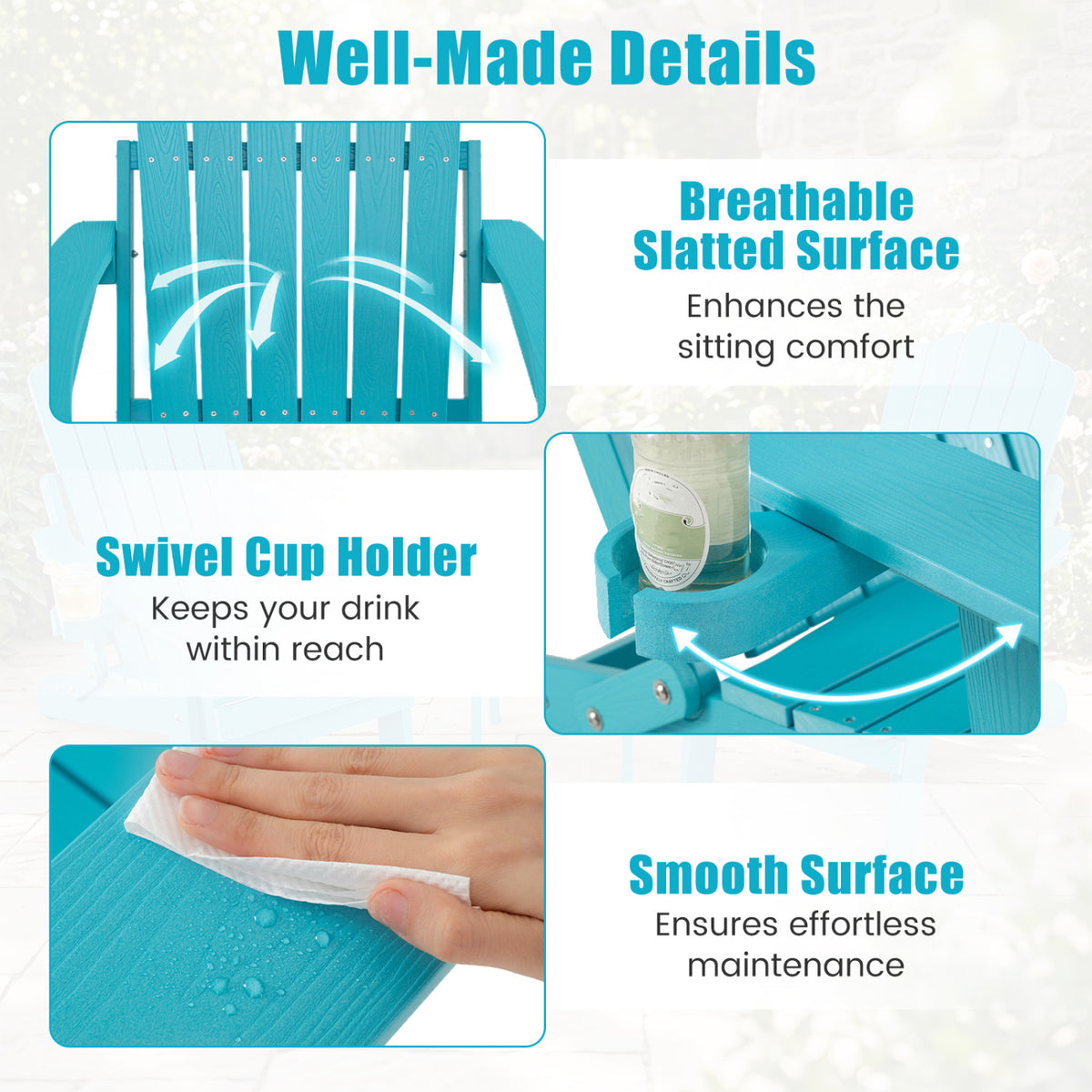 Outdoor Folding Adirondack Chair with Cup Holder and 5-Level Backrest-Turquoise view 8