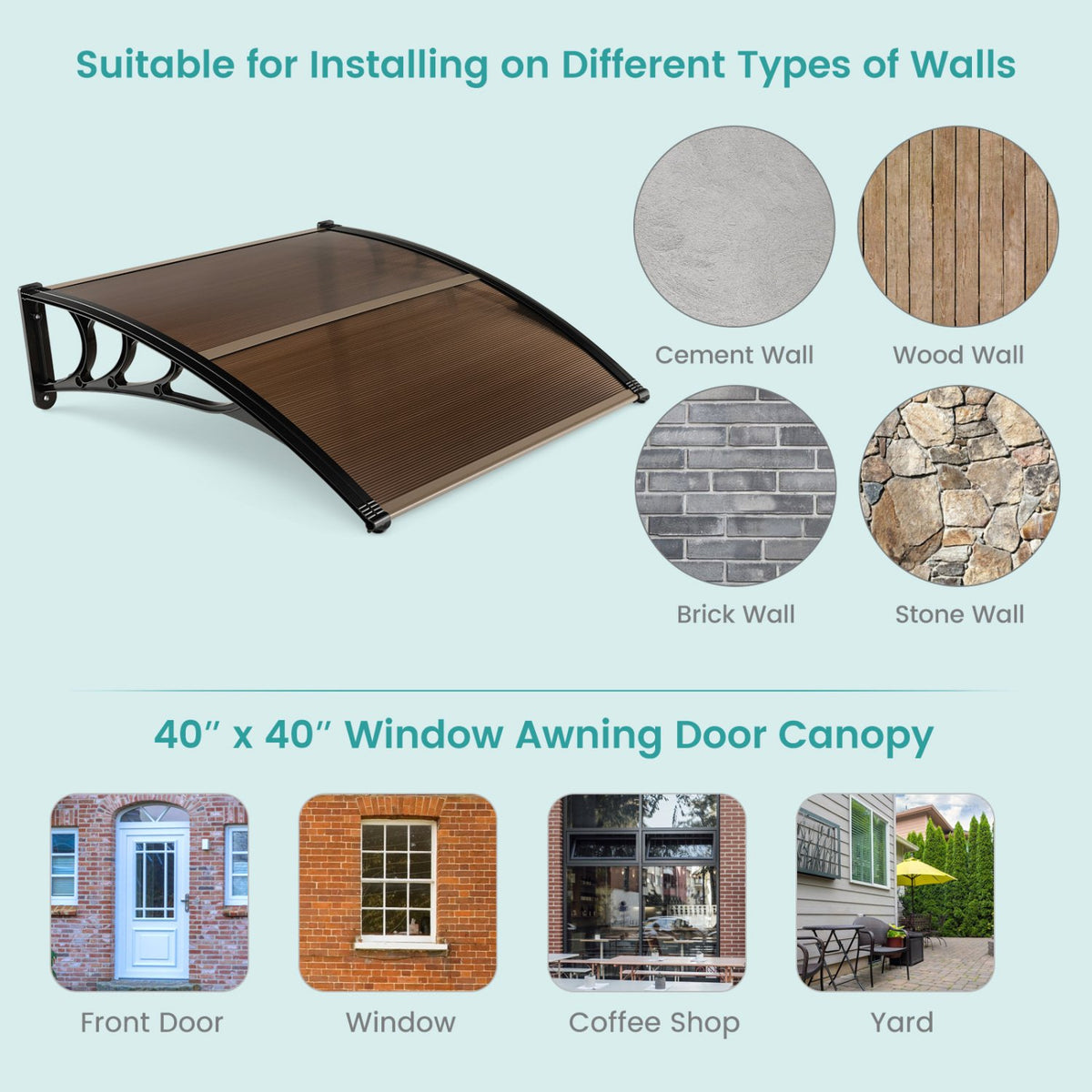 Outdoor Front Door Patio Overhang Awning for Sunlight Rain Snow Wind Protection-40 x 40 Inch view 9