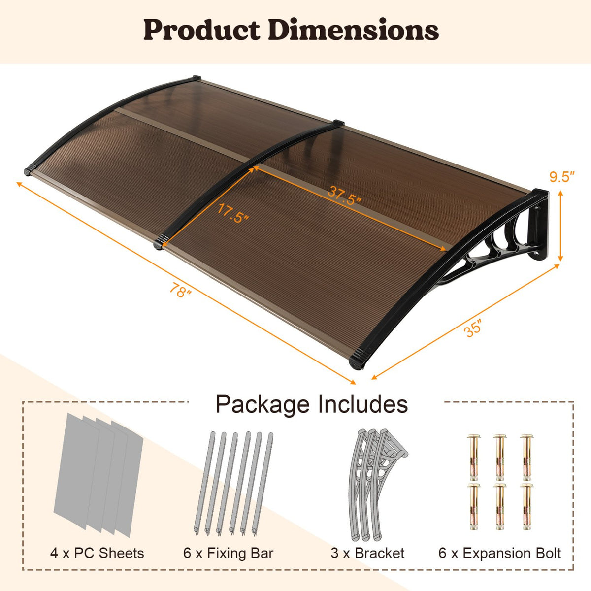 Outdoor Front Door Patio Overhang Awning for Sunlight Rain Snow Wind Protection-78 x 35 Inch view 4