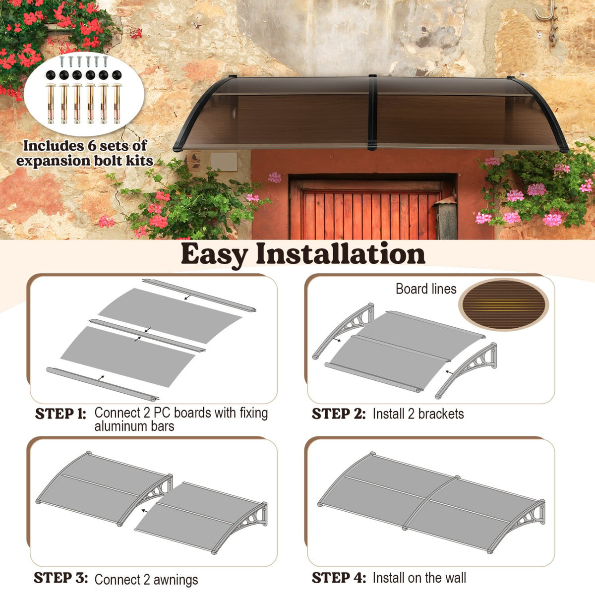 Outdoor Front Door Patio Overhang Awning for Sunlight Rain Snow Wind Protection-78 x 35 Inch view 8