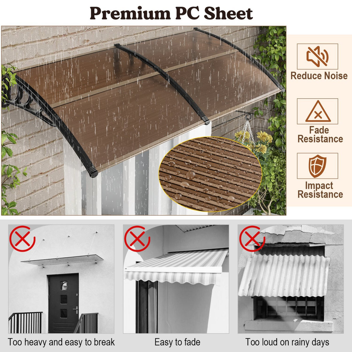 Outdoor Front Door Patio Overhang Awning for Sunlight Rain Snow Wind Protection-78 x 35 Inch view 9